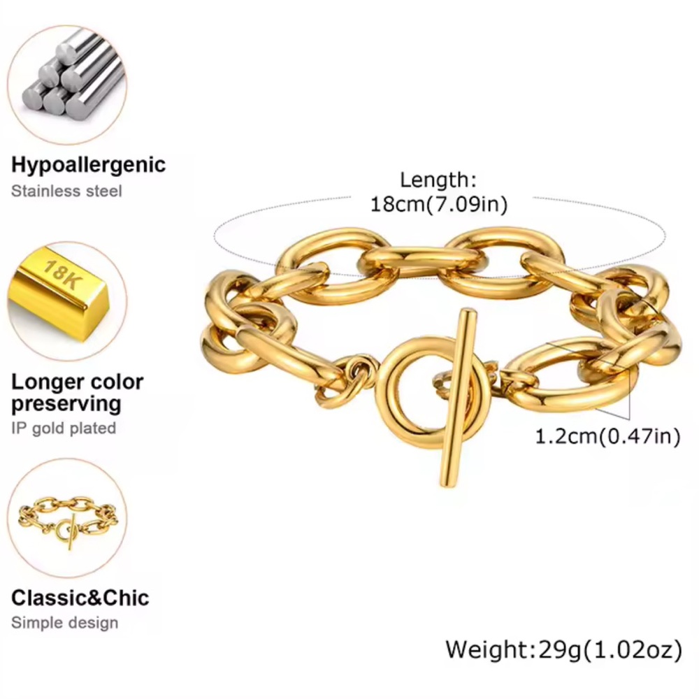 Chunky Bold Toggle Bracelets 18K Gold Stainless Steel - Picture 7 of 9